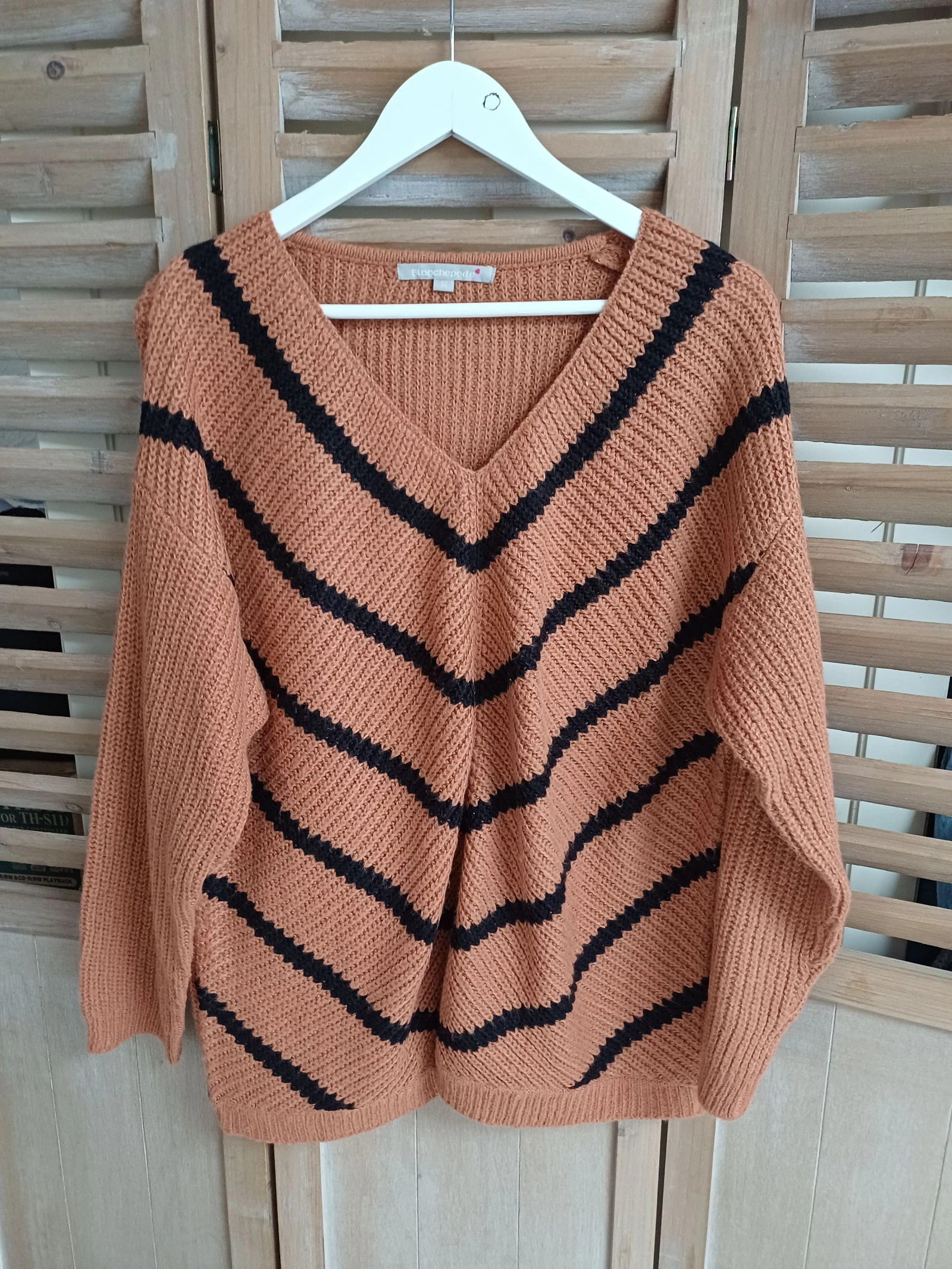 Pull maille couleur caramel a rayures noires - Blancheporte 52
